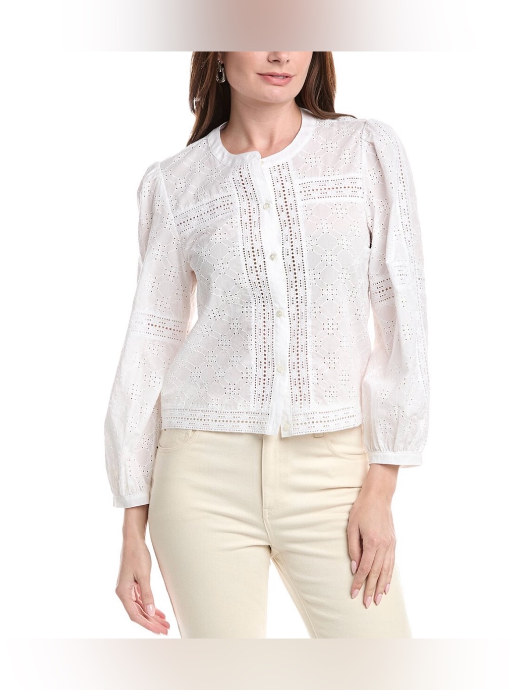 J. Mclaughlin Ilaria White Eyelet Blouse Embroidered Cotton Boho Puff Shoulder